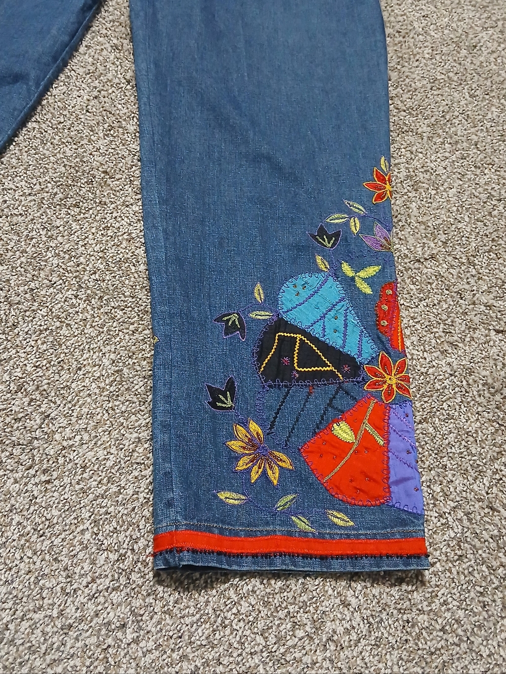Chico's 100% Cotton Embroidered Wide Leg Denim Jeans - Multicolor Floral Detail - Picture 16 of 16